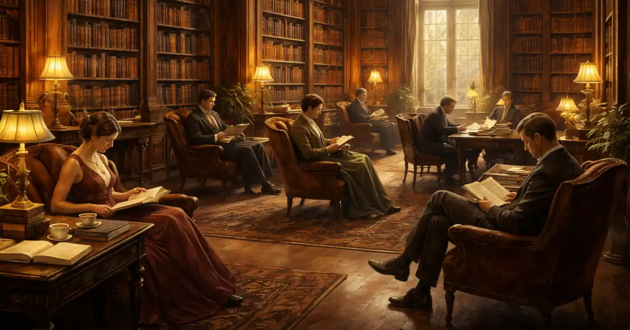 Victorian reading room with men and women quietly reading among tall bookcases, lamplight and daylight creating a shared, contemplative atmosphere.