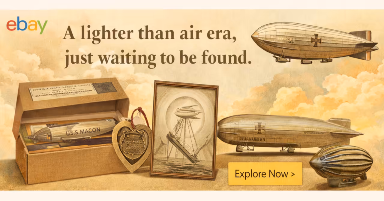 Vintage-style eBay banner featuring 1920s airships, USS Macon model, memorabilia, and sepia tones with Explore Now call-to-action