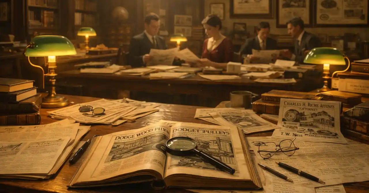 Victorian study with readers examining vintage advertisements and journals under lamplight, with papers, tools, and artefacts spread across a wooden table