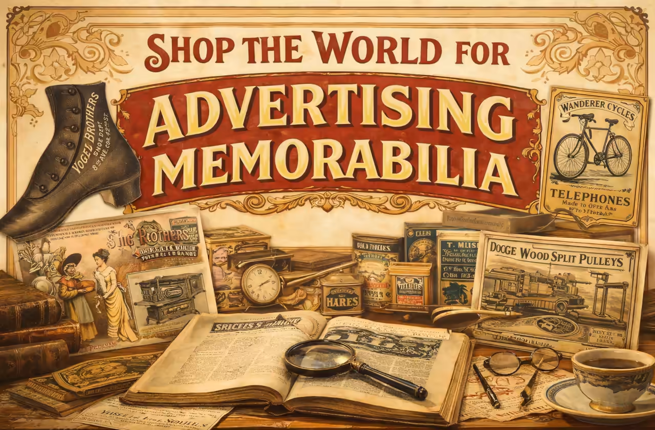 Vintage-style banner promoting advertising memorabilia, featuring Victorian trade cards, books, and artefacts with ornate typography and sepia tones