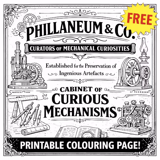Printable Victorian colouring page featuring Phillaneum & Co. mechanical curiosities advertisement