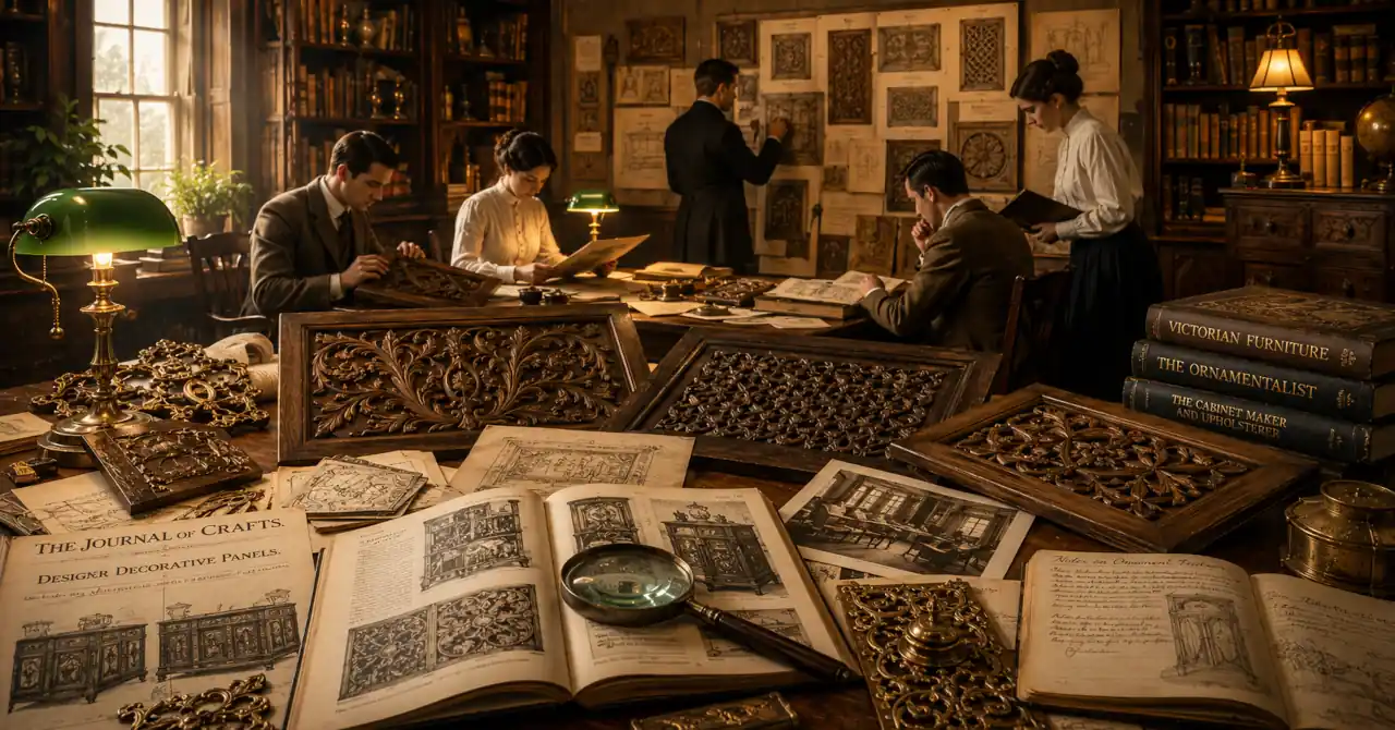 Researchers study decorative furniture panels, sketches and photographs beneath warm library lamps in a Victorian reading room filled with books and ornament.