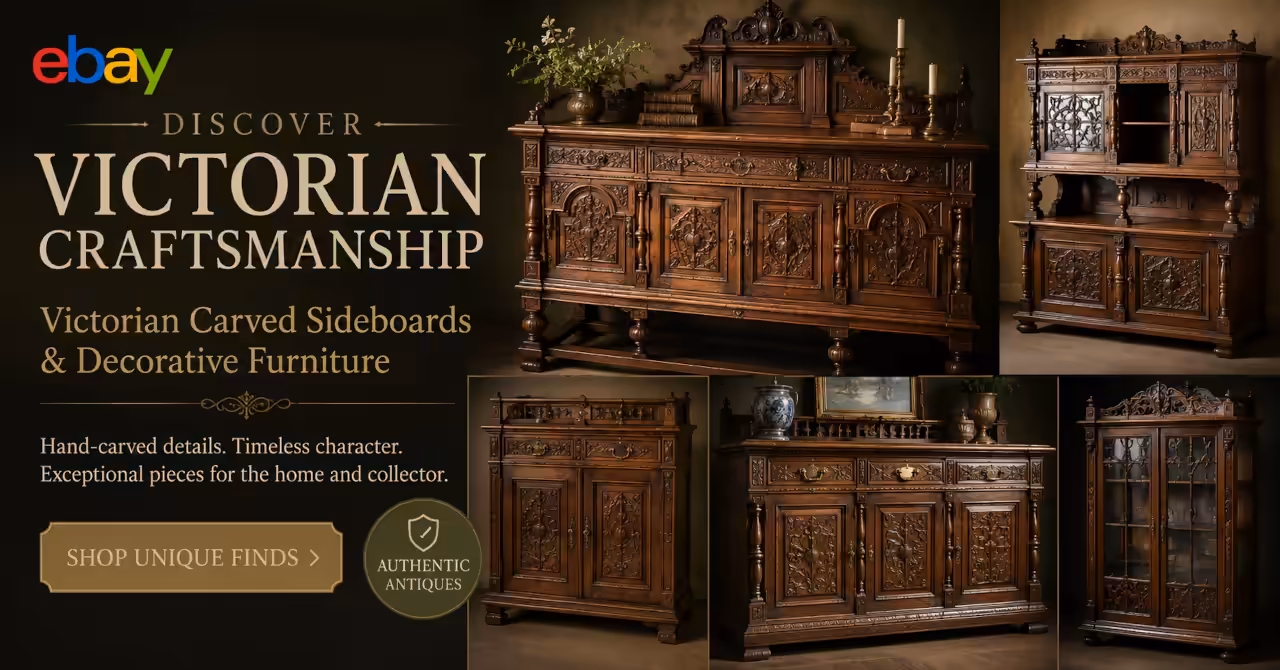 Victorian carved sideboards, cabinets, and display furniture arranged in a warm gallery-style banner celebrating decorative craftsmanship and antique discovery.