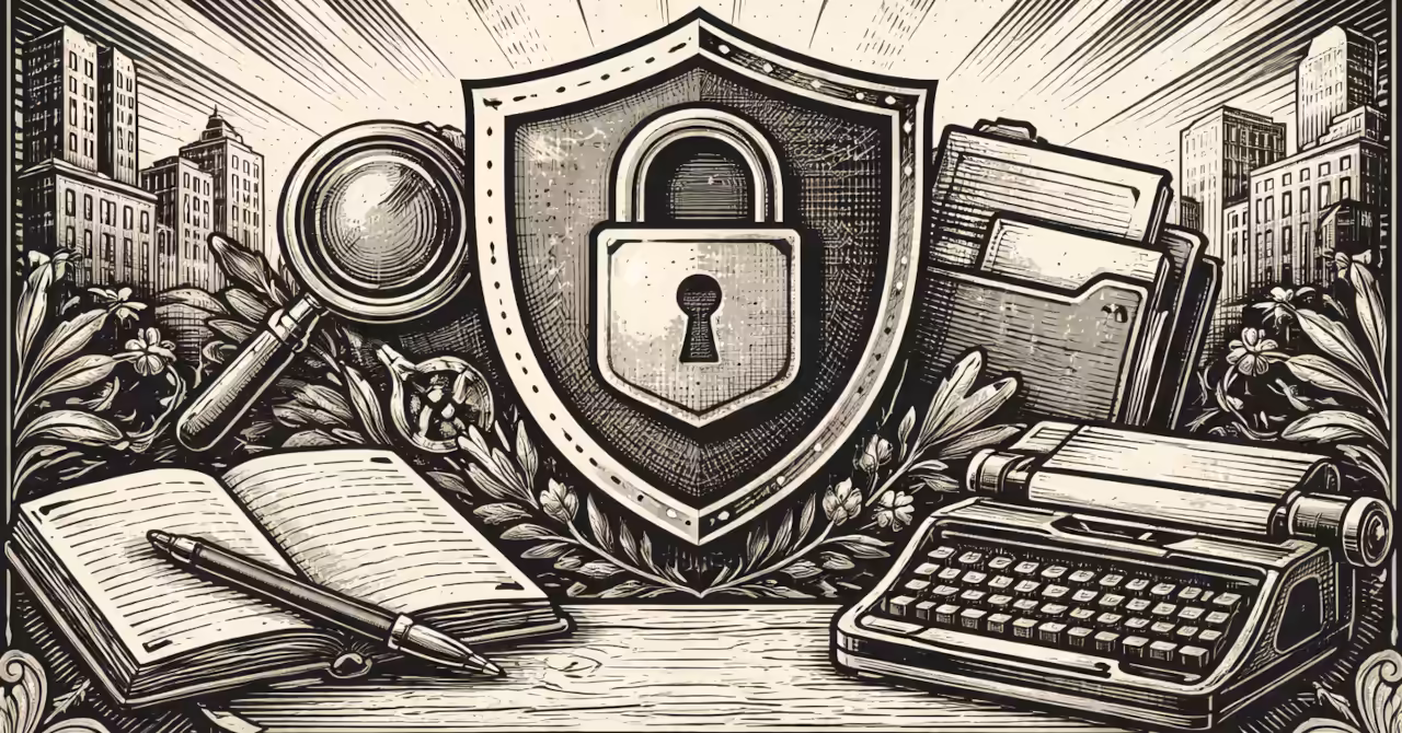 1920s style woodblock illustration of a shield and padlock surrounded by documents, magnifier, and typewriter, symbolising privacy and information control