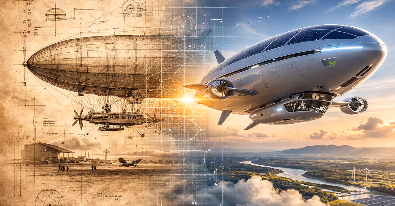 1902 lithograph airship sketch blending into a sleek future eco airship over a clean landscape, showing the evolution of sustainable flight