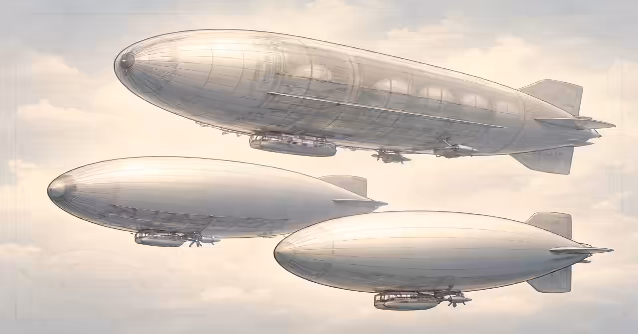 Three airships layered in the sky: a rigid Zeppelin with visible framework, a semi-rigid design with keel, and a smooth non-rigid blimp.
