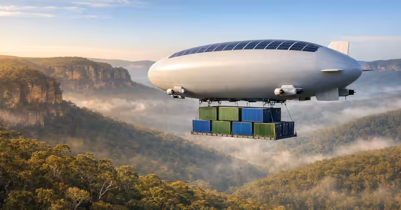Modern helium cargo airship carrying shipping containers over the Blue Mountains forest at sunrise with solar panels and electric propellers visible.