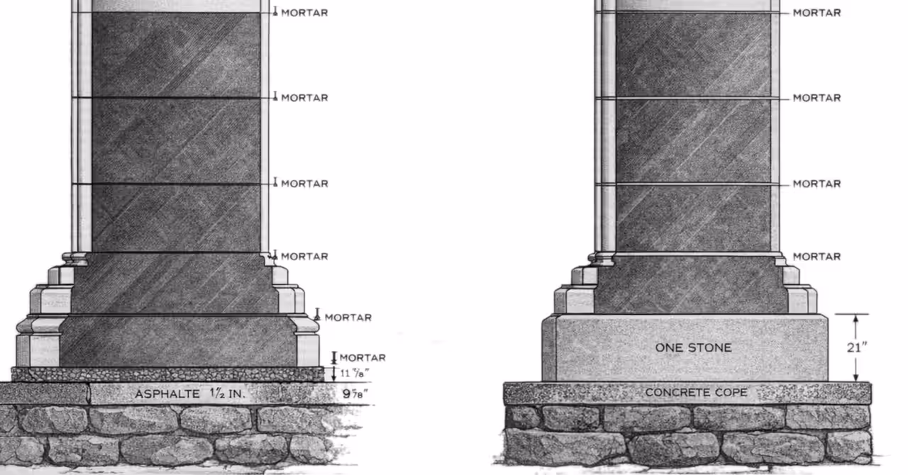 Greyscale engineering section drawing of Truro Cathedral nave pier showing original construction with asphalt bedding and the proposed reconstruction using a single stone base on a concrete cope.