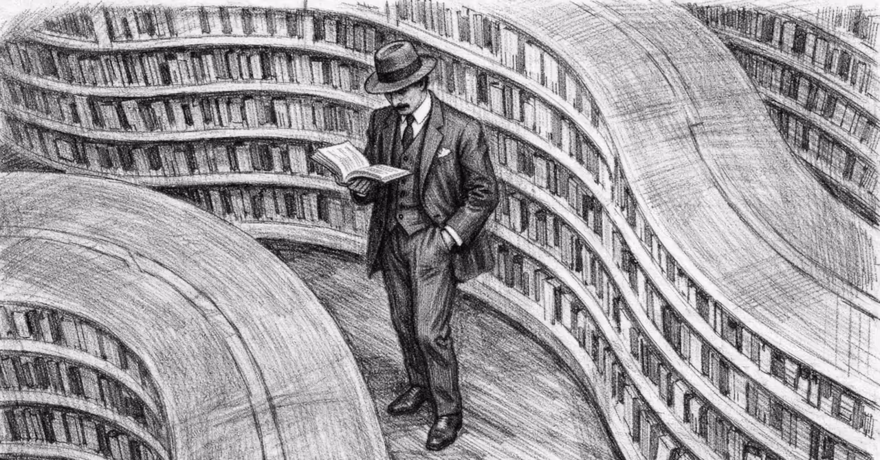 Hand drawn 1902 style sketch of a well dressed Edwardian architect reading journals among sweeping curved library shelves in a grand reading room.