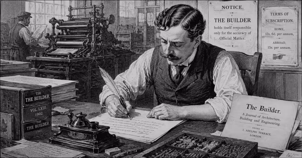 Editor's notice and apology from The Builder magazine, 1902