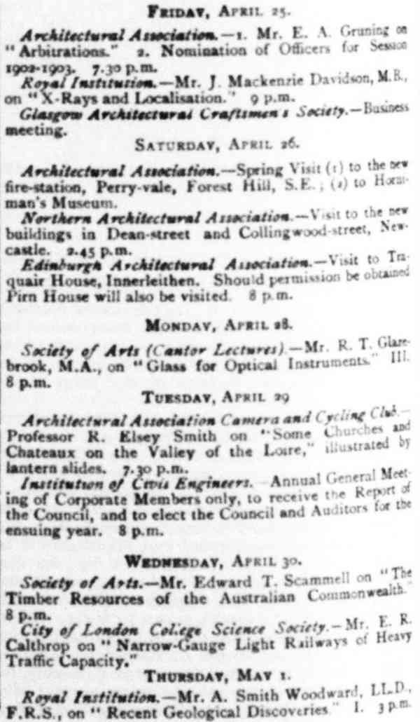 Calendar of events, 25 April 1902