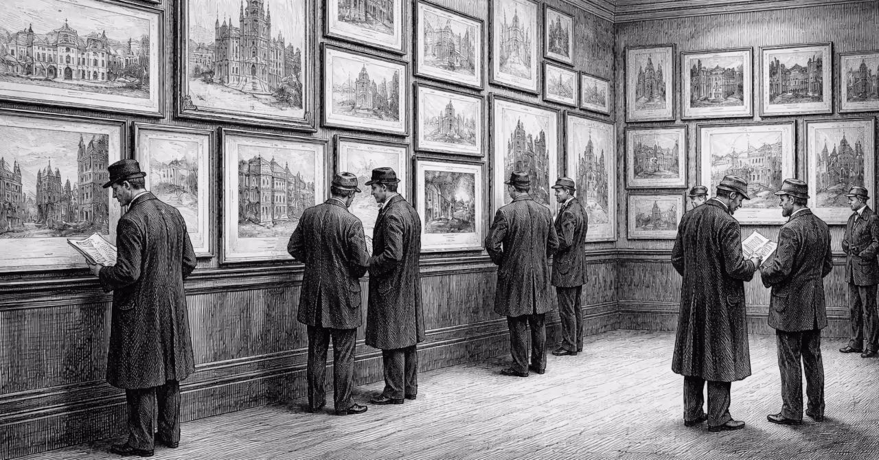 Greyscale illustration of a 1902-style gallery with architects studying framed architectural drawings and photographs