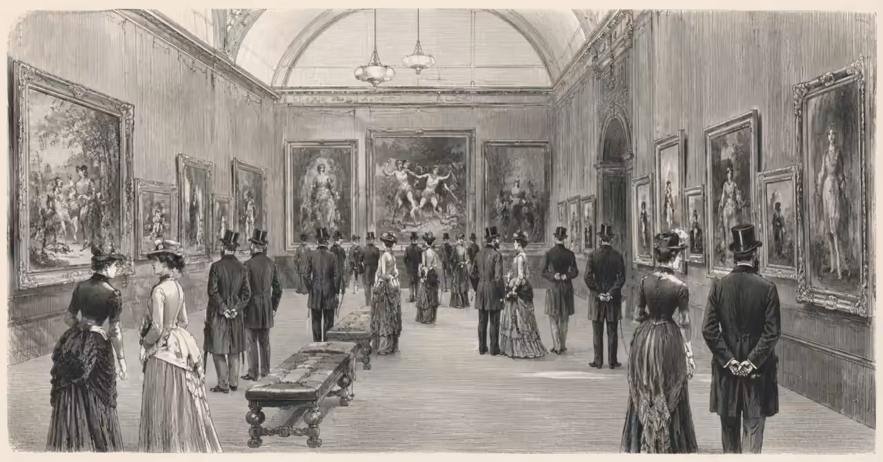 Visitors viewing eighteenth-century paintings in a grand Guildhall exhibition gallery, depicted in the style of a 1902 magazine lithograph.