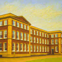 Large three story school building on oil canvas