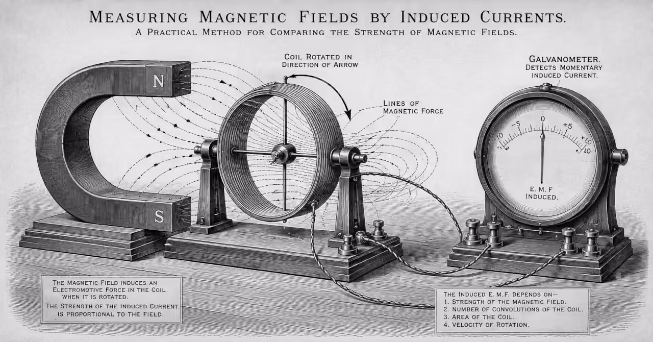 Victorian-style engraving showing a rotating wire coil between the poles of a horseshoe magnet connected to a galvanometer to measure electromagnetic induction.