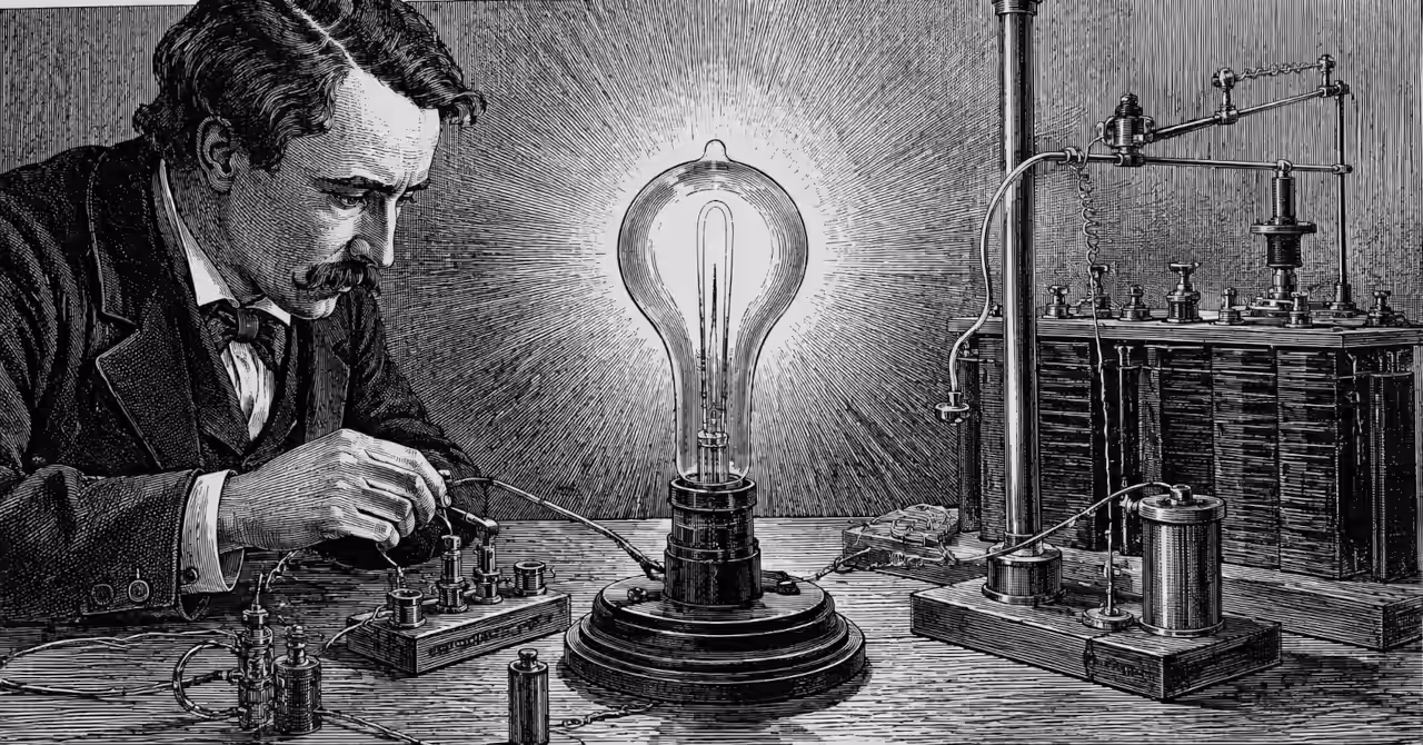 Nineteenth-century inventor demonstrating an incandescent electric lamp in a laboratory, rendered as a greyscale woodcut engraving