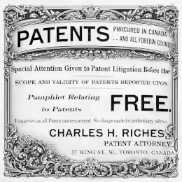 Black-and-white 1893 newspaper advertisement for Charles H. Riches, patent attorney, offering free patent advice in Toronto.