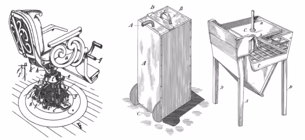 Greyscale line-art patent drawings showing a dental chair, an oil can casing, and a washing machine, arranged side by side