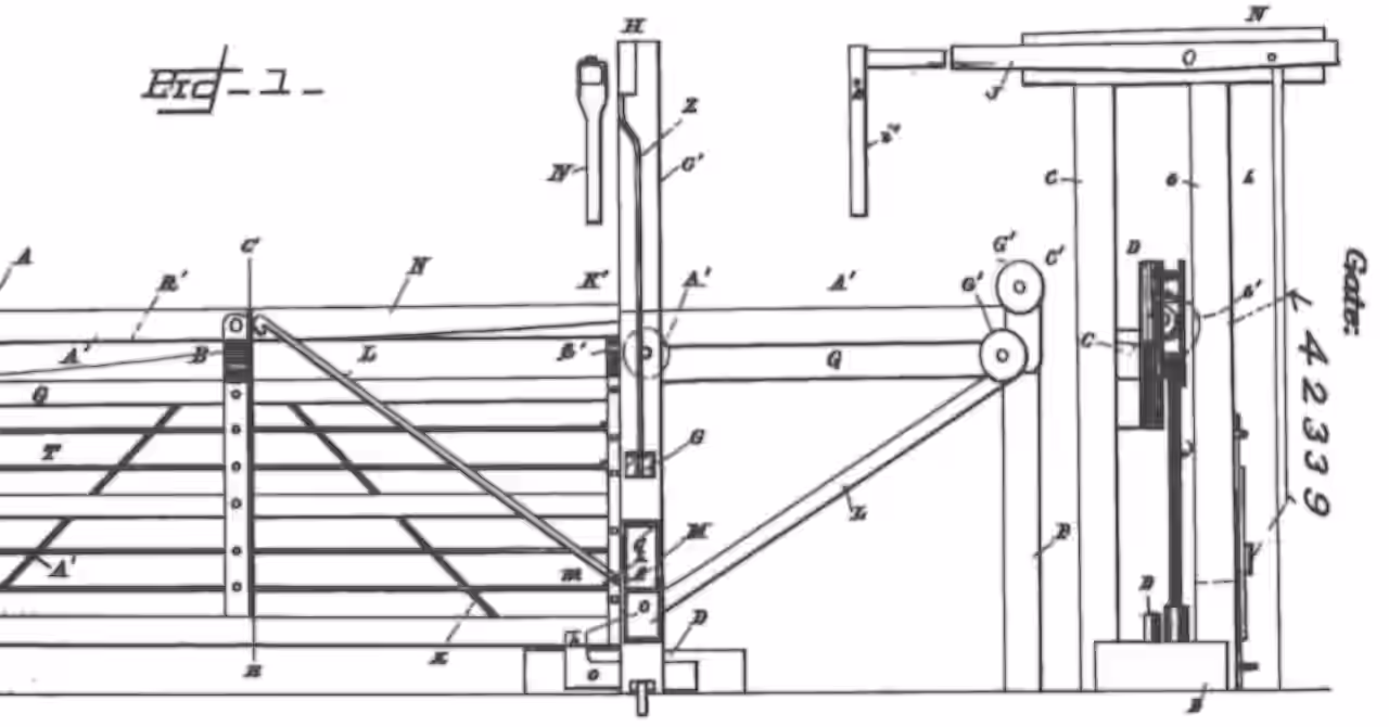 Greyscale technical patent drawing showing a mechanically operated farm gate with hinged slatted panels, vertical guide post, diagonal bracing, and pulley-and-counterweight lifting mechanism, labelled with figure numbers and component letters