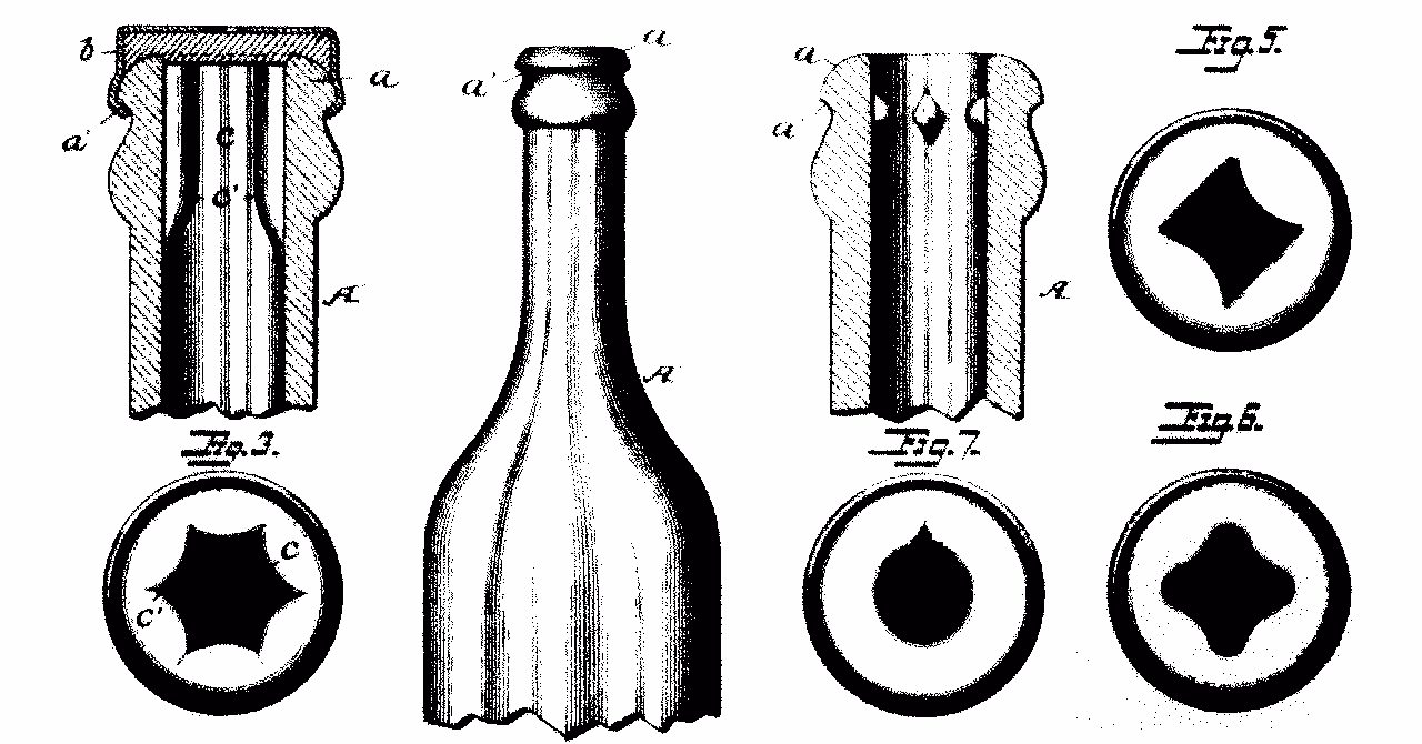 Greyscale technical patent drawing showing a mechanical bottle-filling and corking apparatus with vertical frame, levers, plungers, and rotating components, labelled with figure numbers and part letters