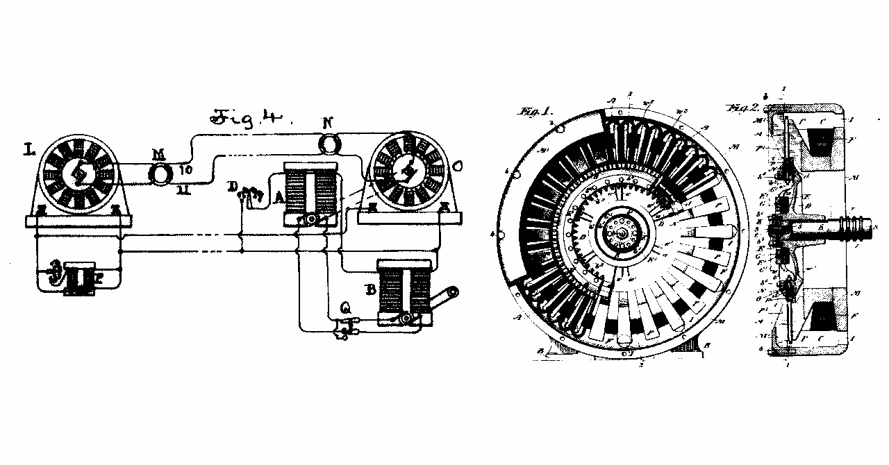 Greyscale technical patent drawing showing a dynamo electric machine with field magnets, rotating armature, shaft, bearings, and electrical connections, annotated with figure numbers and component labels
