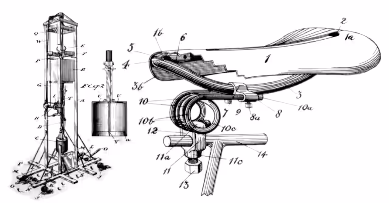 Greyscale technical patent drawing showing late 19th-century mechanical apparatus with framed components, shafts, levers, and fastenings, rendered as a labelled engineering illustration