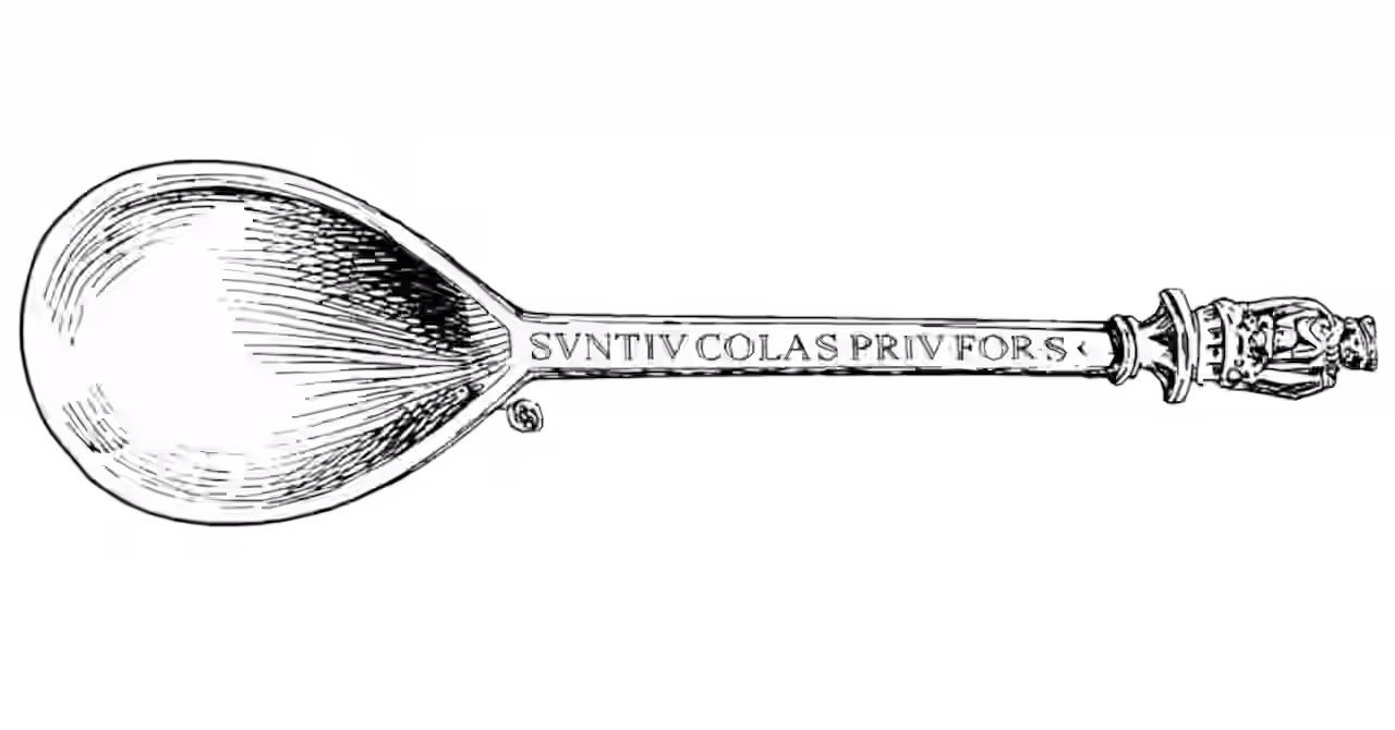 Tudor-era spoon with ornate finial embossed with SVNT·IV·COLAS·PRIV·FOR·VS