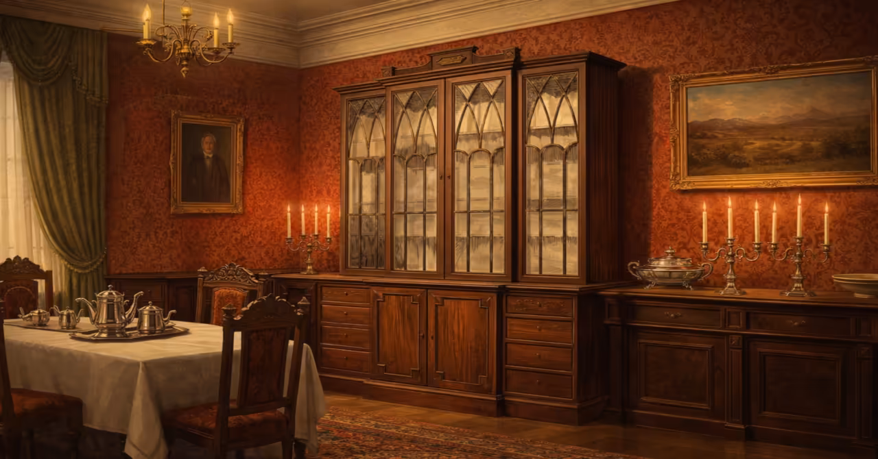 Georgian bookcase in a fashionable 1902 English mansion dining room, rendered in rich Edwardian colours from the original Jacobean-era drawing