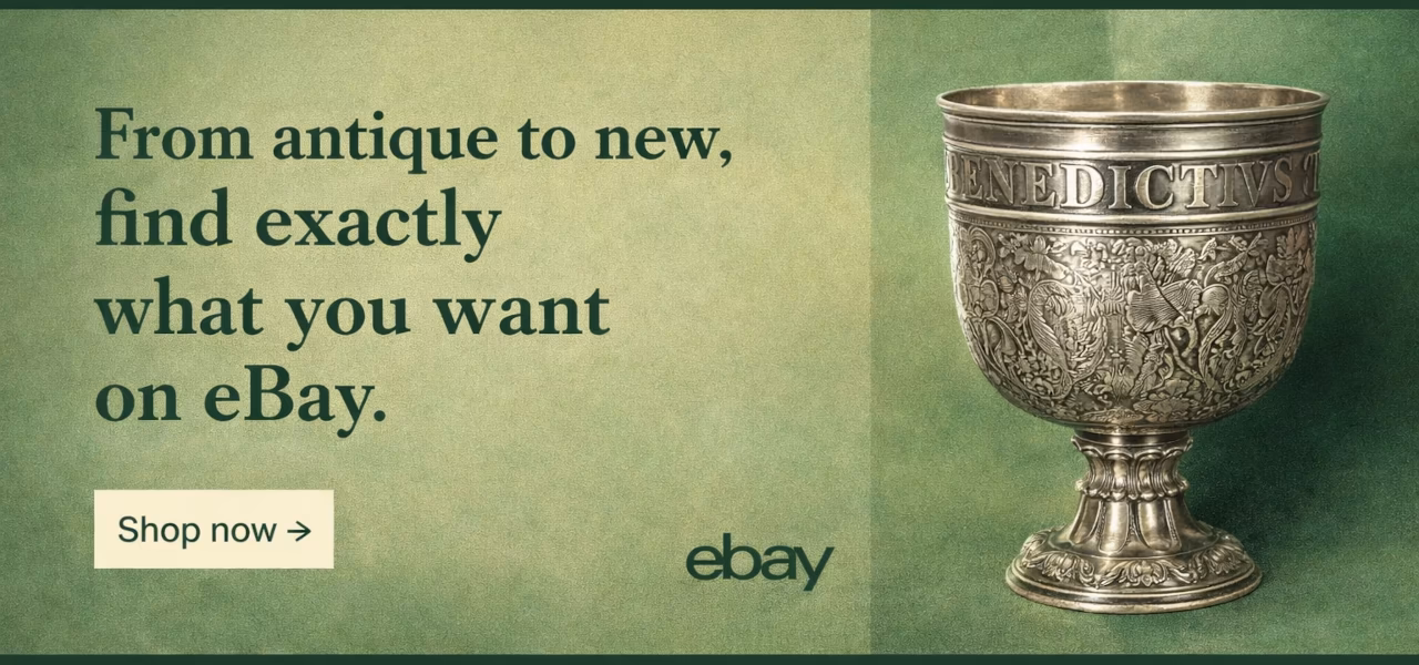 eBay US banner showing a Tudor silver cup in a Victorian green colour palette