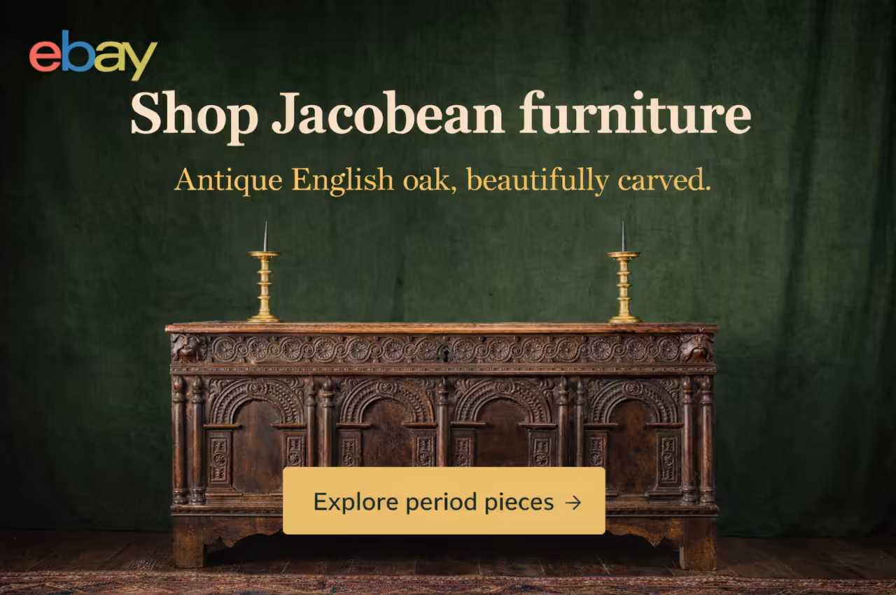 eBay US banner showing a Tudor silver cup in a Victorian green colour palette