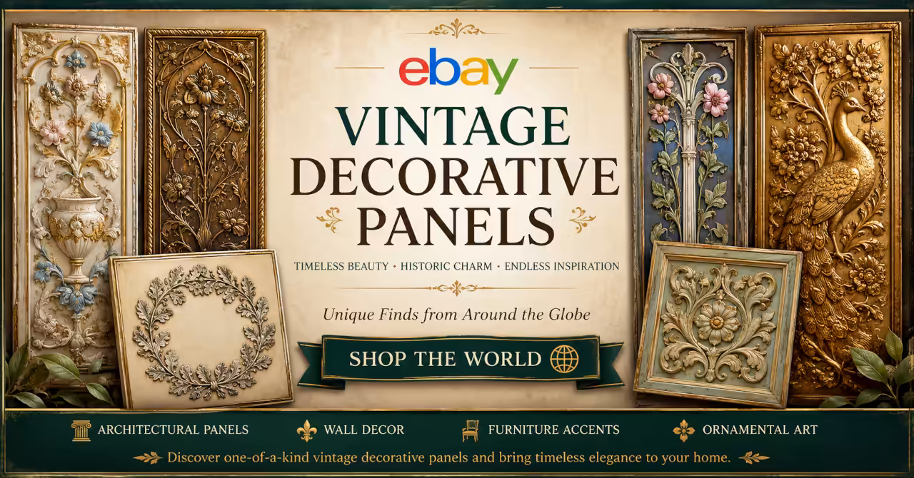 Vintage decorative panels eBay banner showing ornate floral, architectural, and furniture accent panels