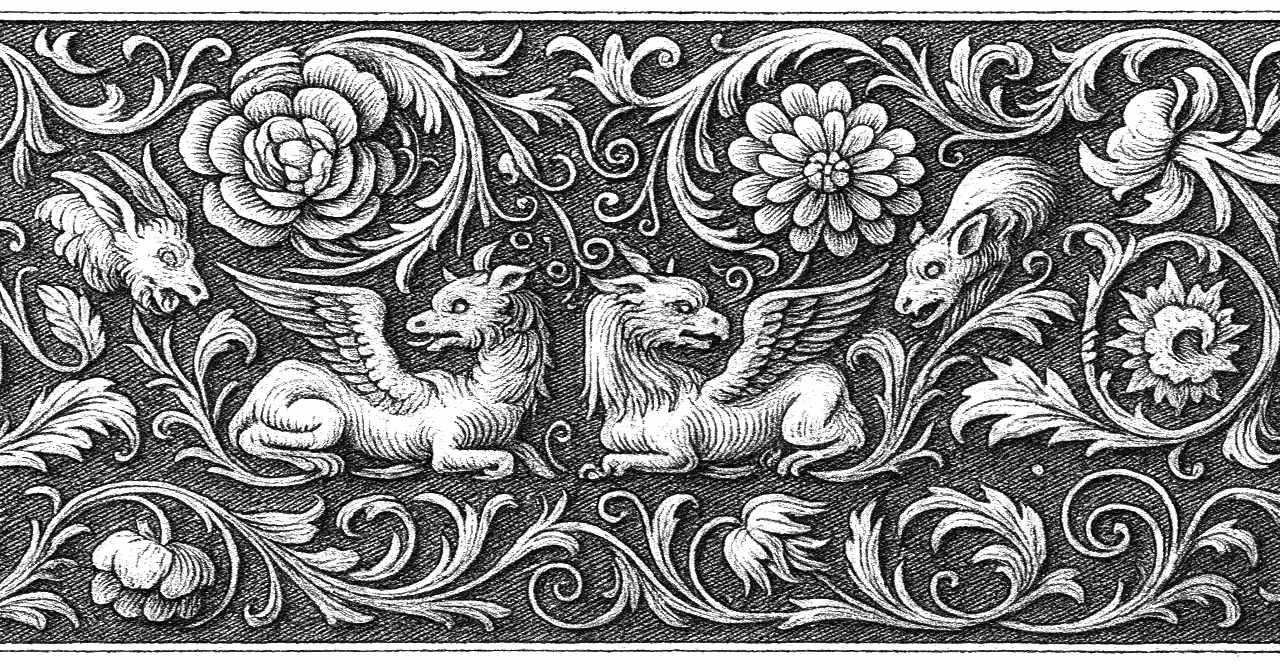 Ornate Victorian floral scroll with winged beasts