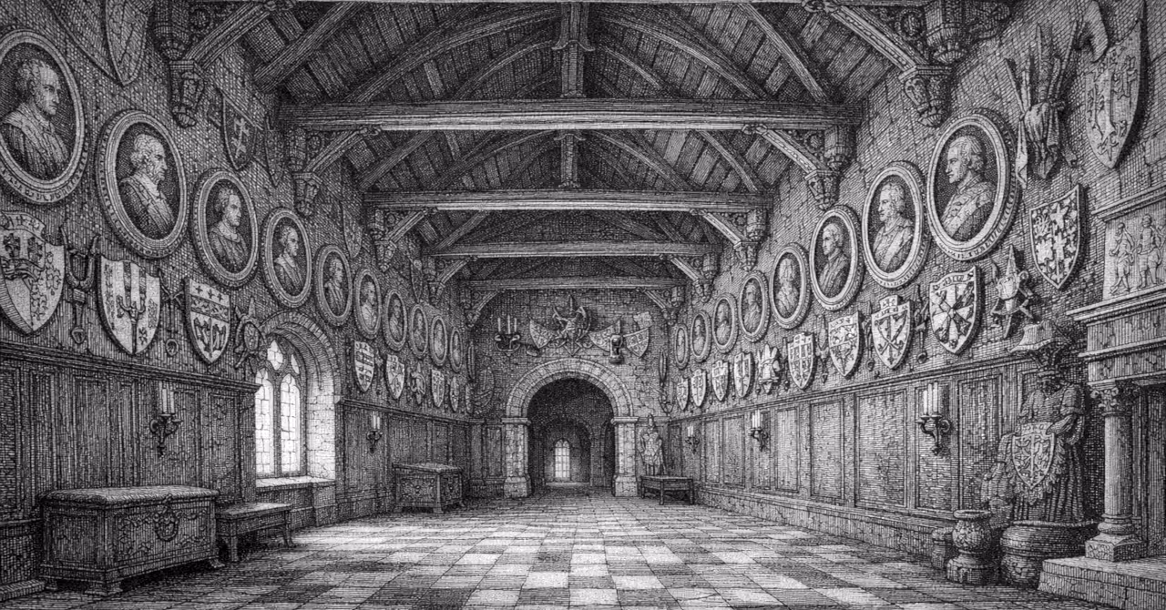 An empty ancestral hall rendered as a grayscale engraving, lined with portrait medallions and heraldic shields, evoking lineage, memory, and inherited reputation.