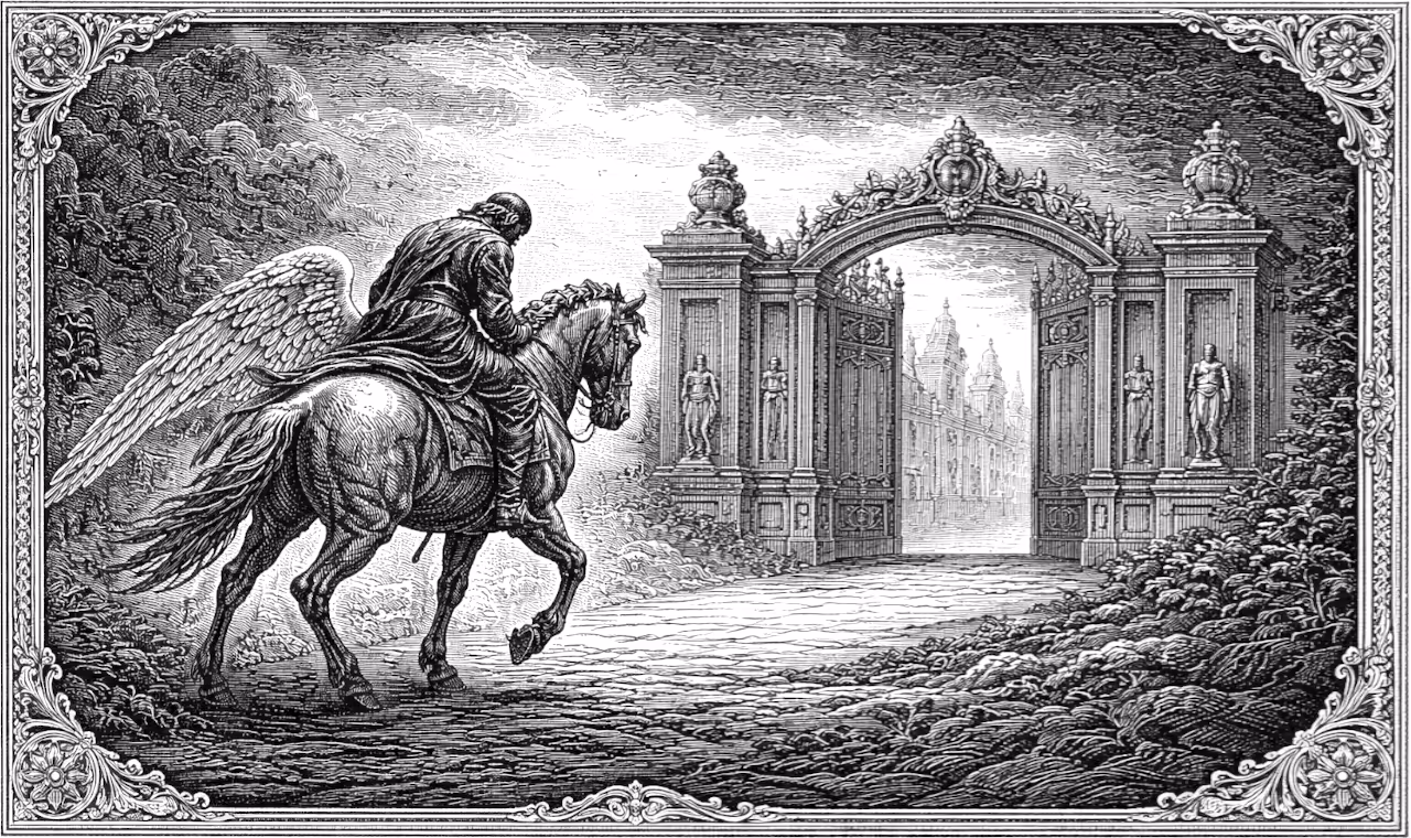 Victorian woodcut of a winged horse burdened by a cloaked rider approaching ornate palace gates, allegorical scene with dramatic sky and engraved border.