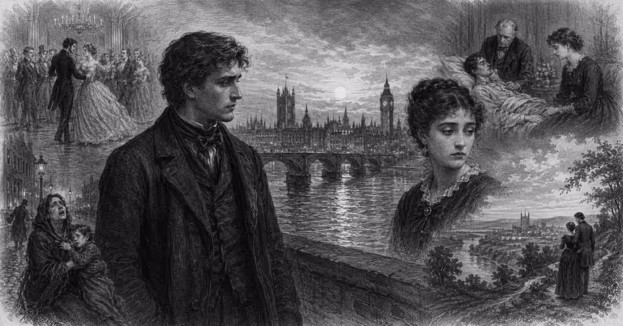 Lithographic illustration for The Cousins (1856), depicting Charles between loss and redemption, with scenes from Victorian London and France.