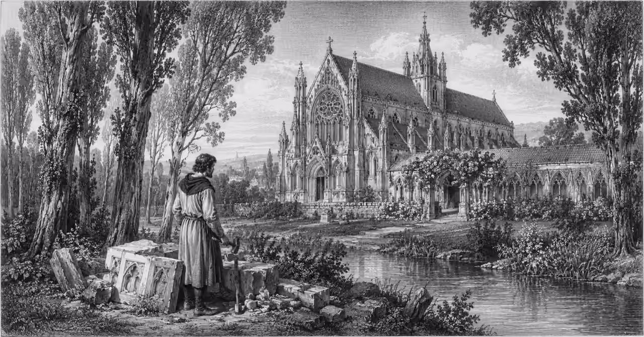 Greyscale Victorian lithograph of a medieval master-mason overlooking a Gothic church beside a river, framed by poplar trees in a peaceful autumn landscape.