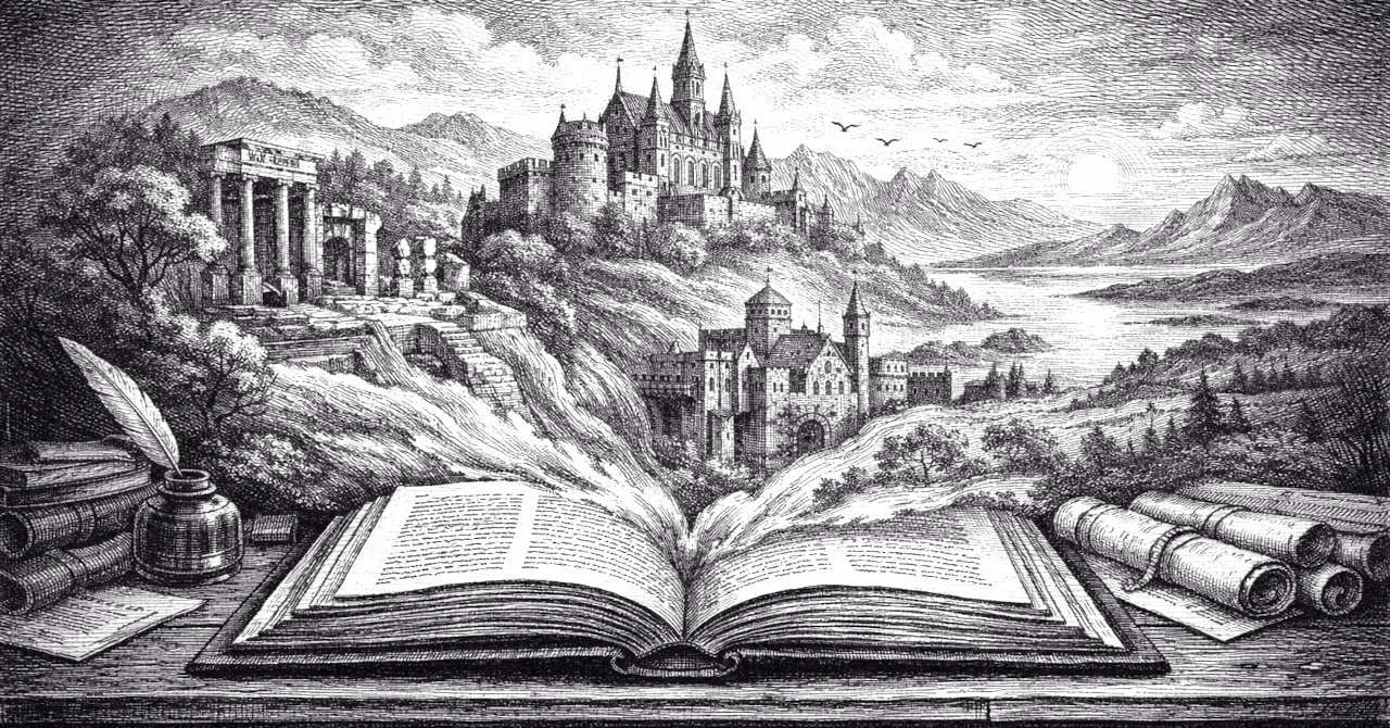 Woodcut-style illustration of an open book on a desk, from whose pages imagined landscapes emerge rendered in 19th-century engraved style.