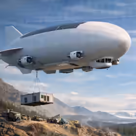 Modern hybrid airship lowers modular cargo to a remote mountain site while secondary airships hover above forest and glacier