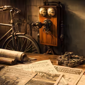 Editorial collage of 1893 industrial advertisements with bicycle, telephone, pulley, and trade documents arranged in warm sepia light.