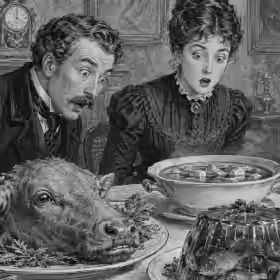 Victorian diners react with astonishment to a table of calf's head, jellied fish, soup and pie in a detailed greyscale magazine engraving.