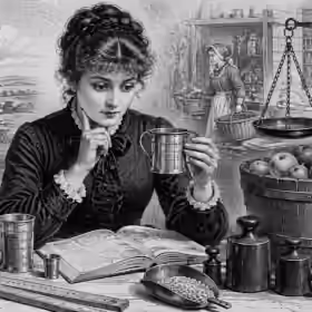 Victorian woman examines measuring vessels among scales, weights and chains, with land surveyors and a market scene behind her.