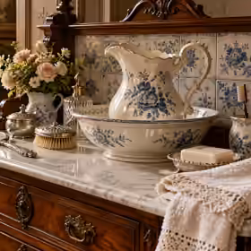 Victorian washstand with ceramic jug and basin in a bedroom interior