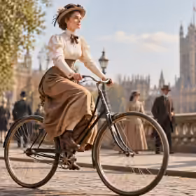 Victorian woman riding a safety bicycle beside the Thames, with Westminster in the background