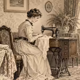Victorian woman using a treadle sewing machine in a richly furnished parlour