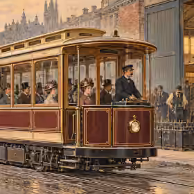 Victorian battery-powered tram travelling through a busy nineteenth-century city street