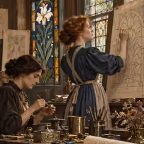 Victorian women working on embroidery, jewellery and stained-glass designs in an Arts and Crafts workshop