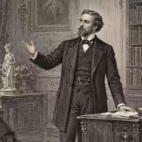 Victorian-style engraving of a gentleman delivering a speech to an attentive gathering in an elegant drawing room