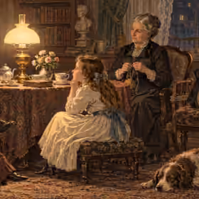 Victorian family gathered in a warmly lit parlour, reading aloud, sewing and enjoying music together