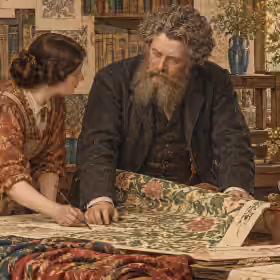Victorian Arts and Crafts workshop showing William Morris working alongside embroiderers, designers and skilled craftspeople