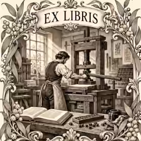 Phillaneum ex libris bookplate featuring a Victorian printing workshop, botanical scrollwork and a blank ownership panel